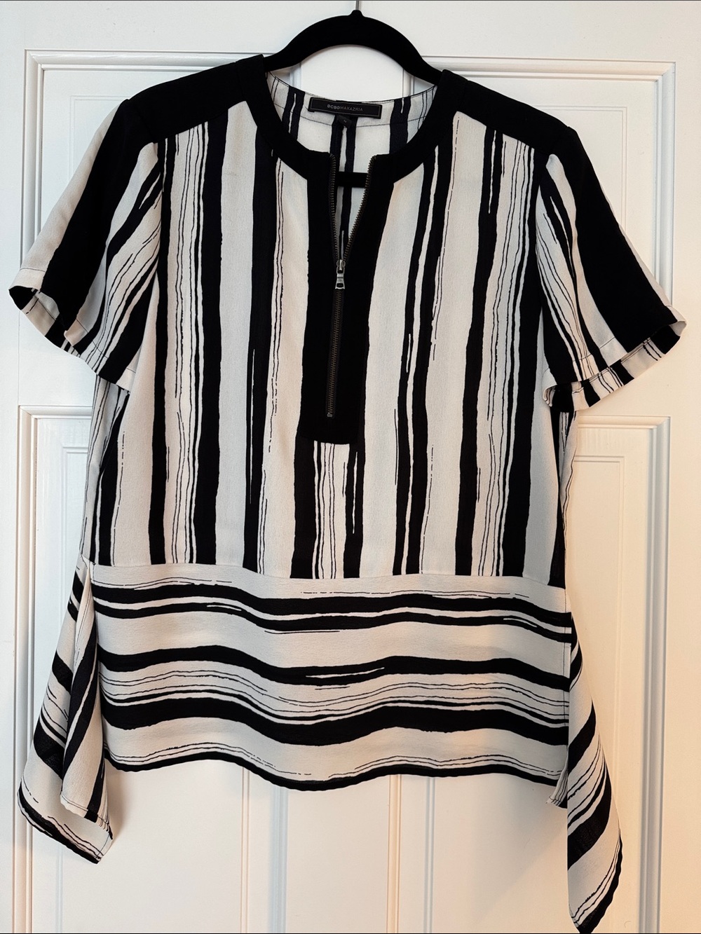 BCBGMaxAzria Black and White Striped Short Sleeve Zip Top